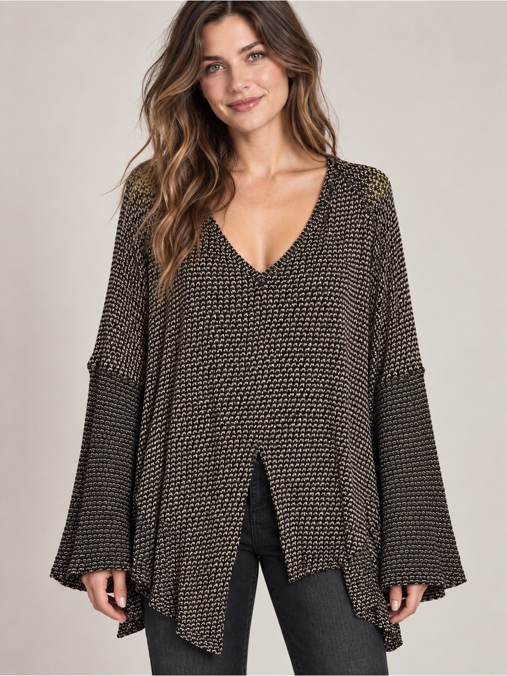 We The Free Black & Cream Textured Knit Top | Small